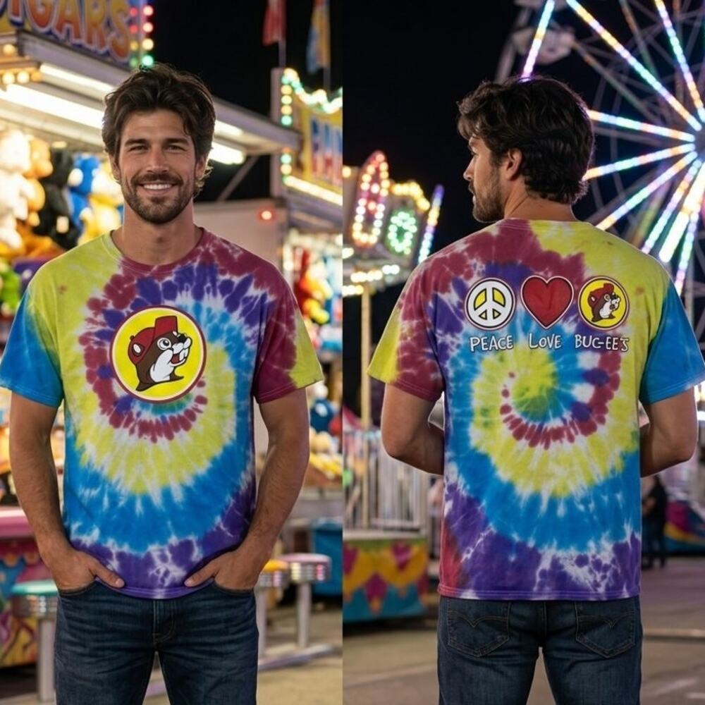 Peace Love Buc-ee's Rainbow Tie Dye Shirt Men's Large 42-44 Chest Graphic Tee